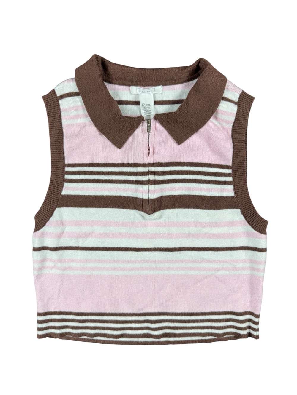 Full Tilt Y2K Striped Sweater Cropped Top Pink Brown Zip Collar Sleeveless Large